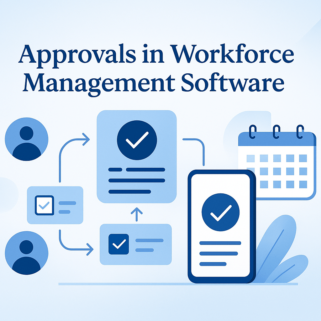A modern sleek banner illustration sized 700x400 pixels for a blog titled Approvals in Workforce M